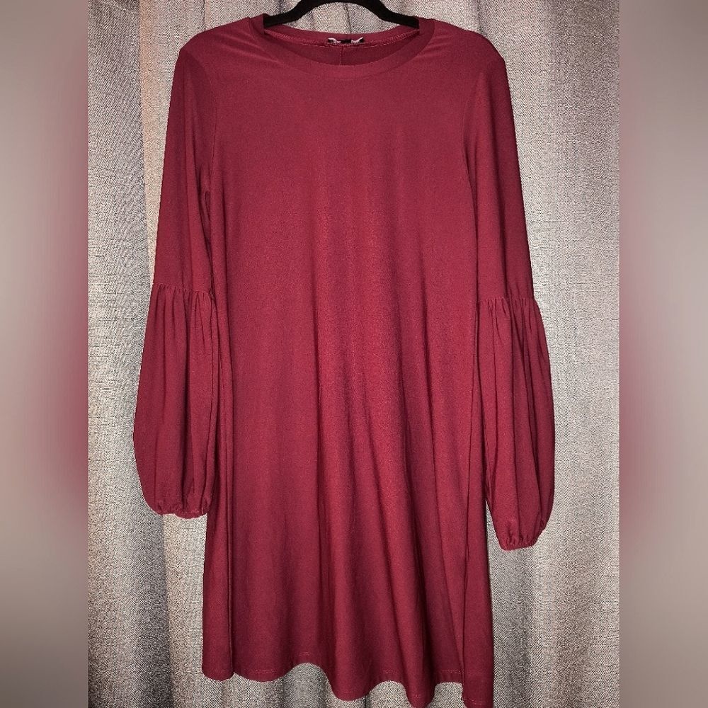 Boutique Maroon Puff Bishop Long Sleeve Midi Dress